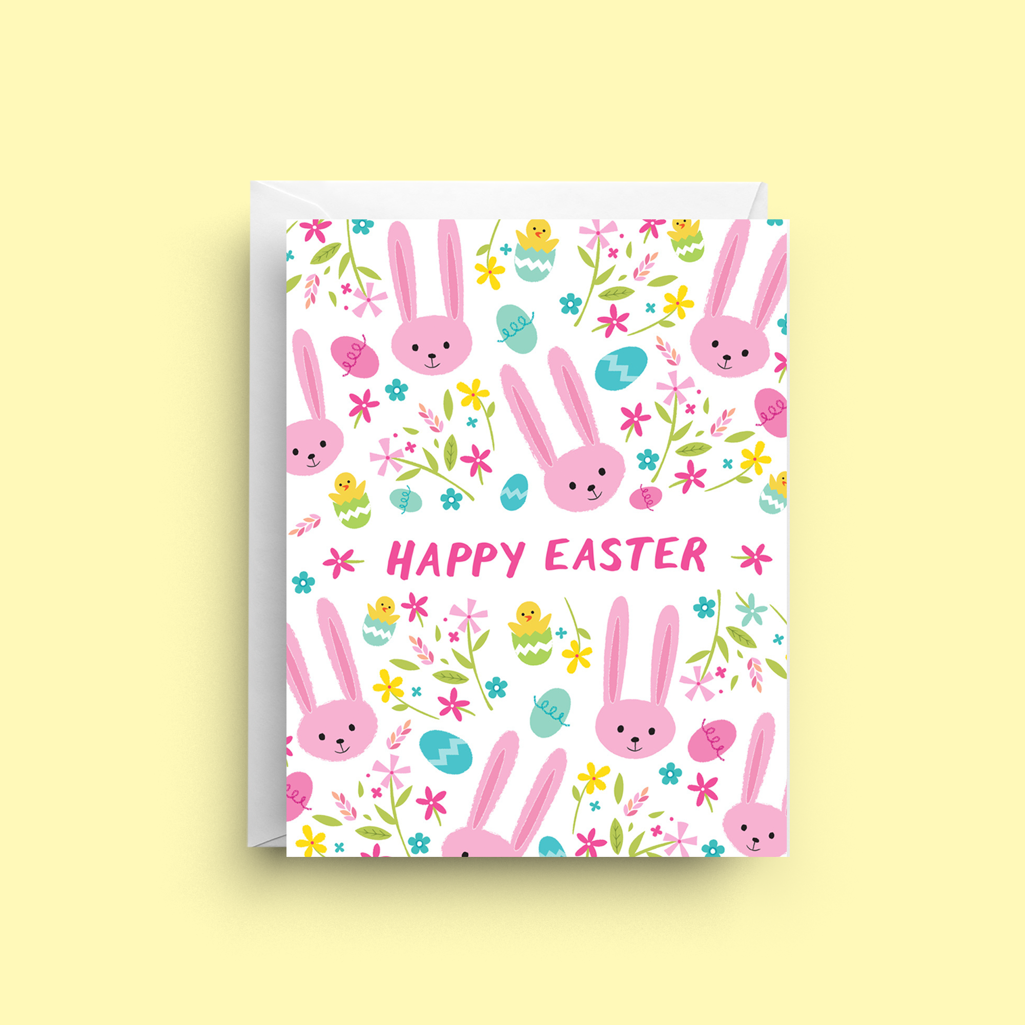 Easter-themed greeting card with pink bunnies, eggs, and flowers on a white background