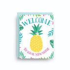Greeting card with pineapple and 'Welcome to your new home' text on a white background
