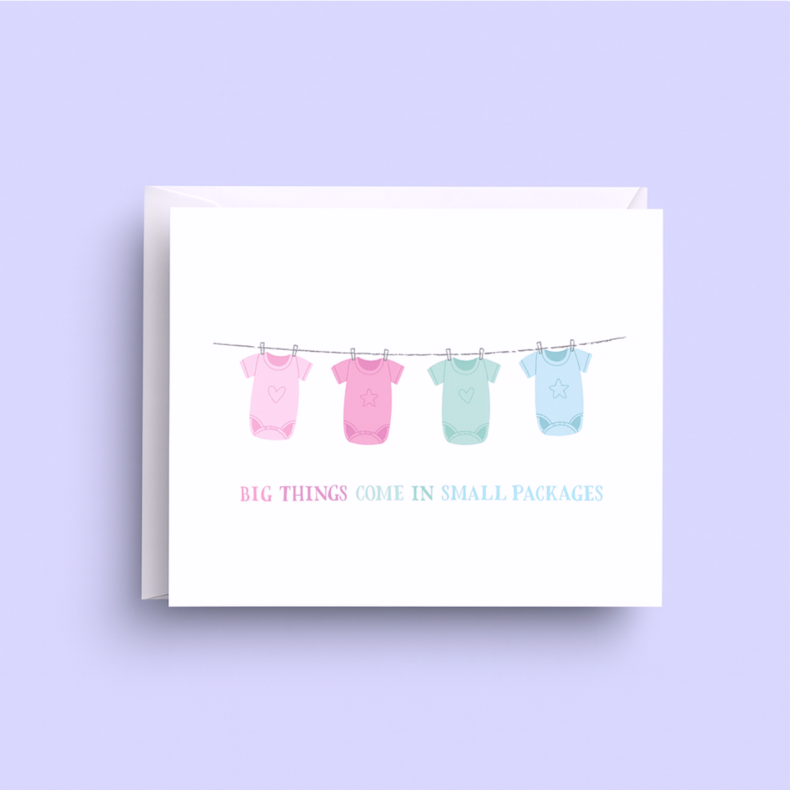 Card with baby onesies on a clothesline and text 'Big things come in small packages' on a purple background