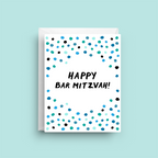 Greeting card with 'Happy Bar Mitzvah!' text and blue dot pattern on a light blue background