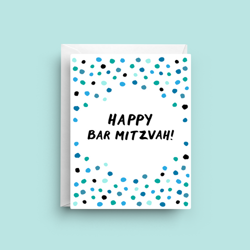 Greeting card with 'Happy Bar Mitzvah!' text and blue dot pattern on a light blue background