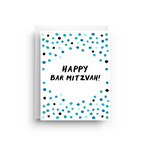 Greeting card with blue and black dot pattern and 'Happy Bar Mitzvah!' text on a white background