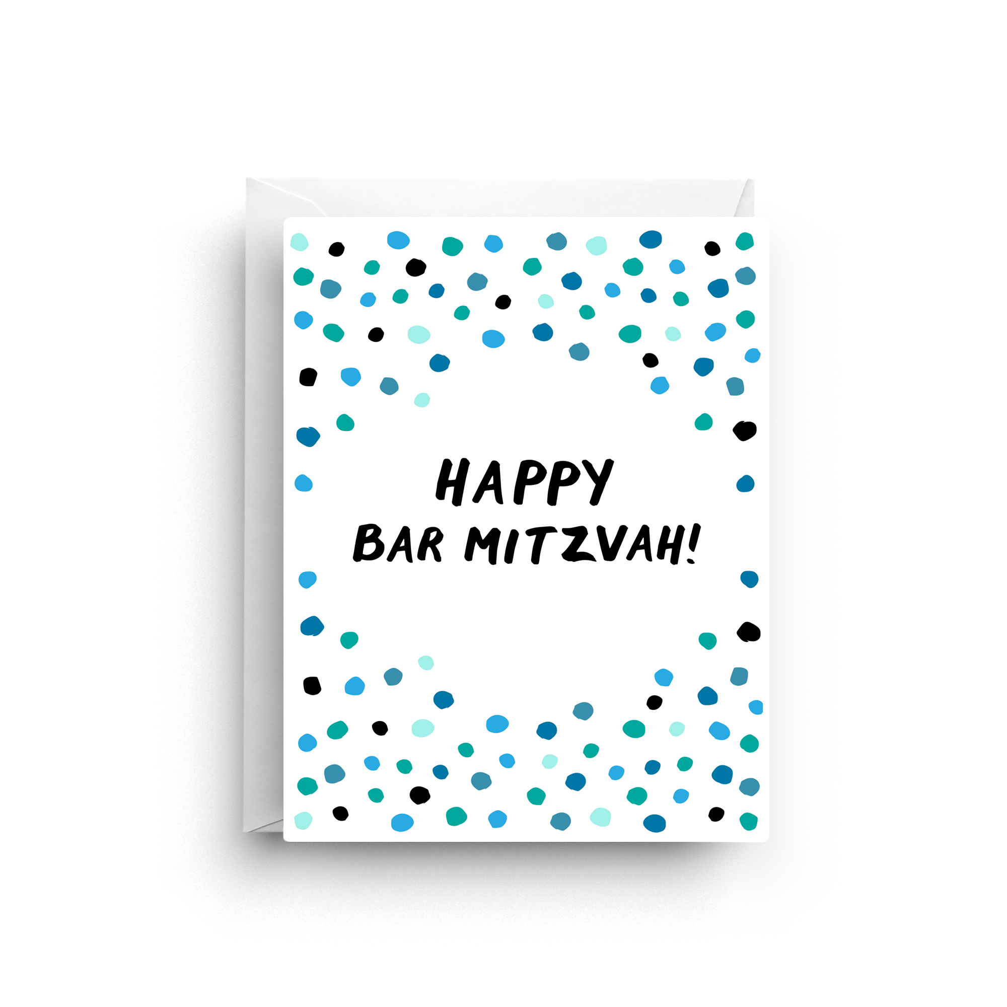 Greeting card with blue and black dot pattern and 'Happy Bar Mitzvah!' text on a white background