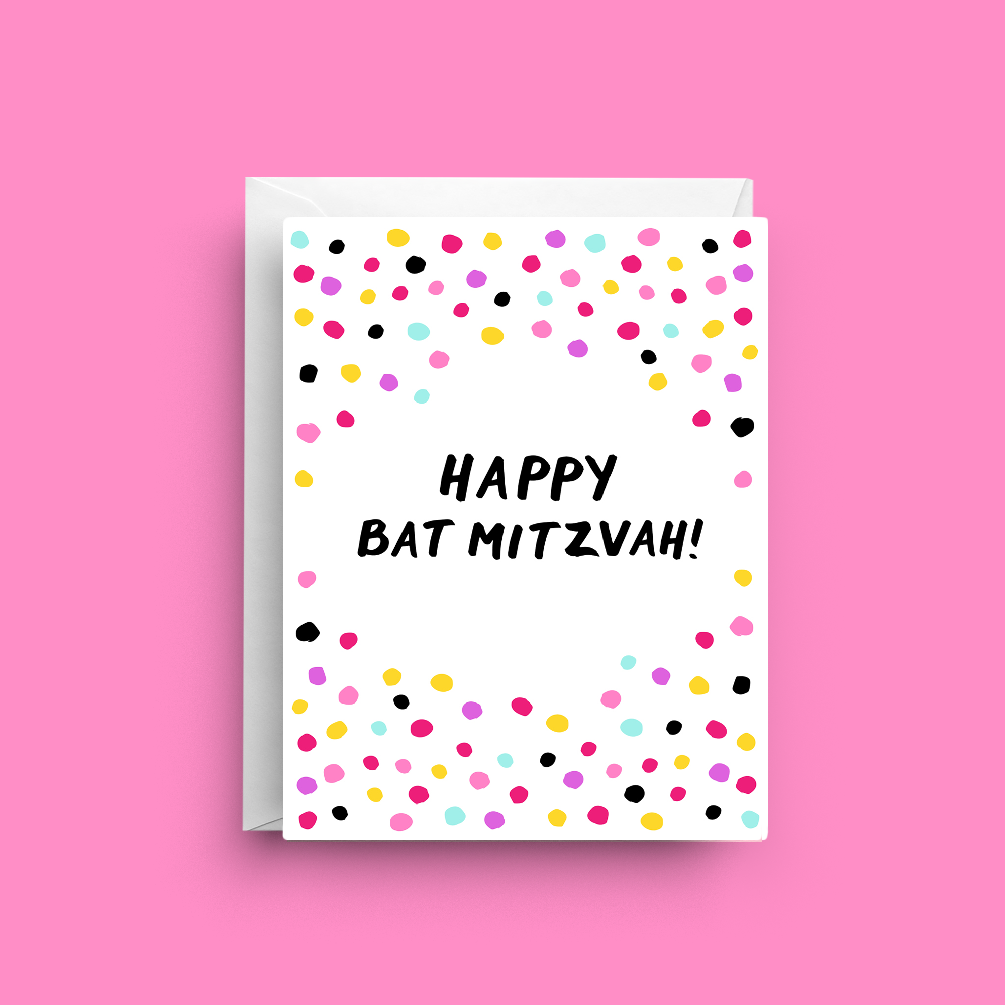 Greeting card with colorful polka dots and 'Happy Bat Mitzvah!' text on a pink background