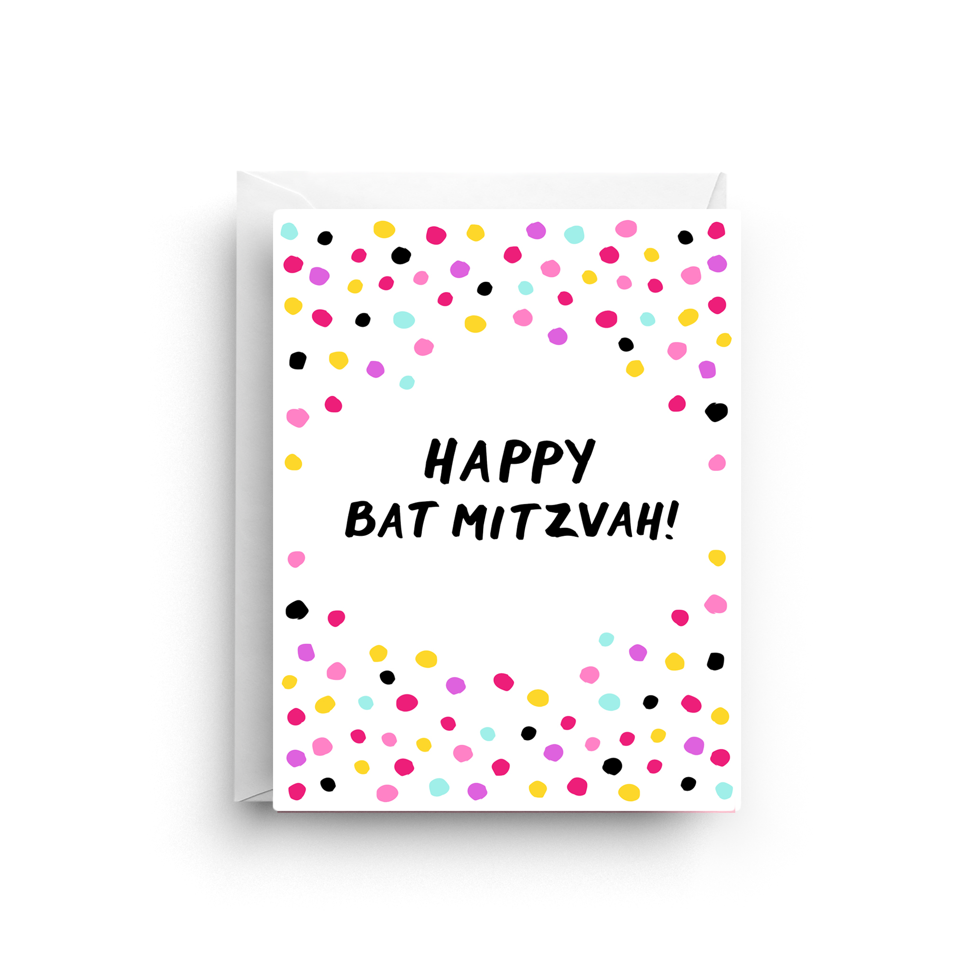 Greeting card with colorful polka dots and 'Happy Bat Mitzvah!' text on a white background