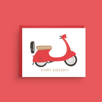 Red scooter birthday card on a red background