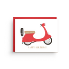 Red scooter illustration on a birthday card with 'Happy Birthday' text.