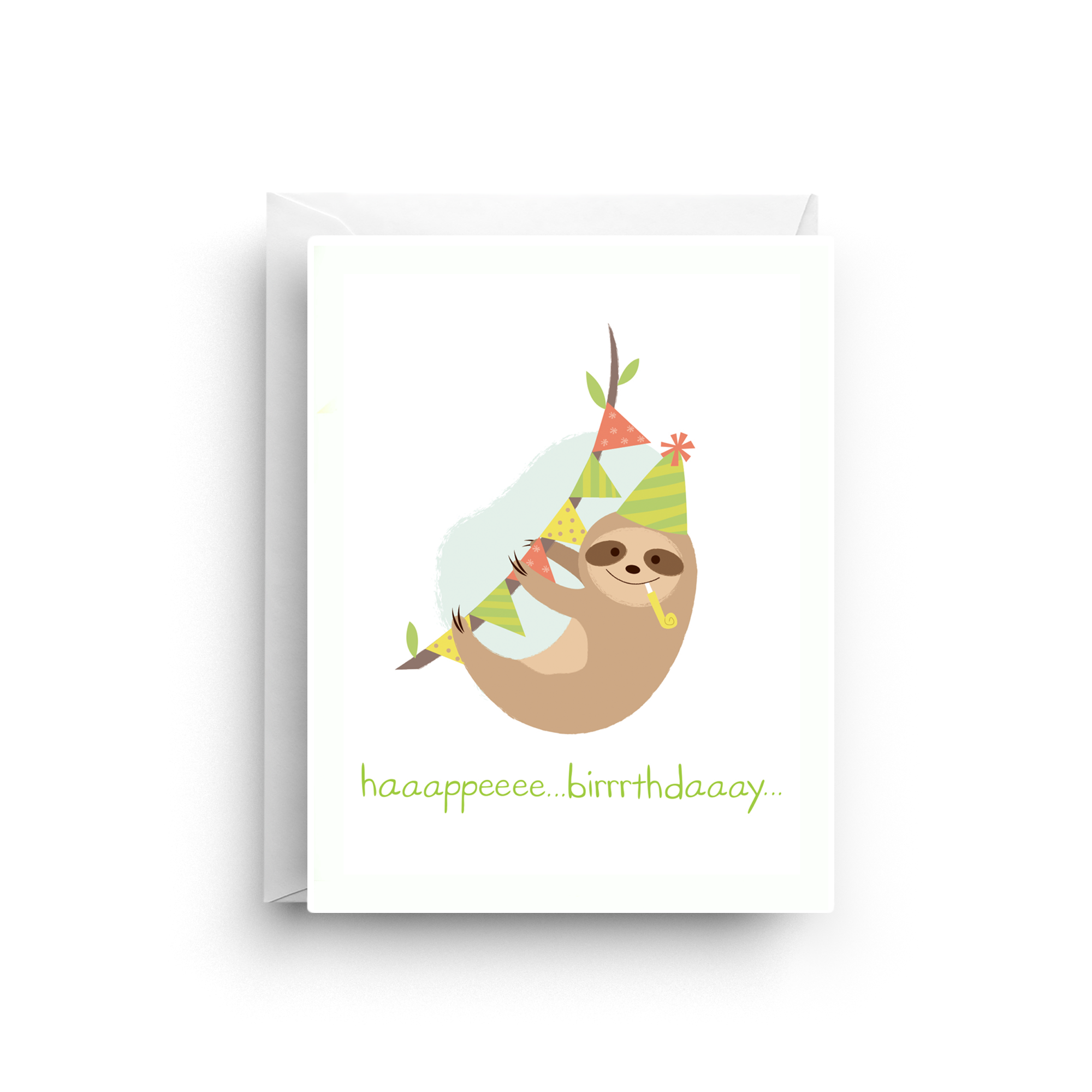 Birthday card with a sloth wearing a party hat and balloons on a white background