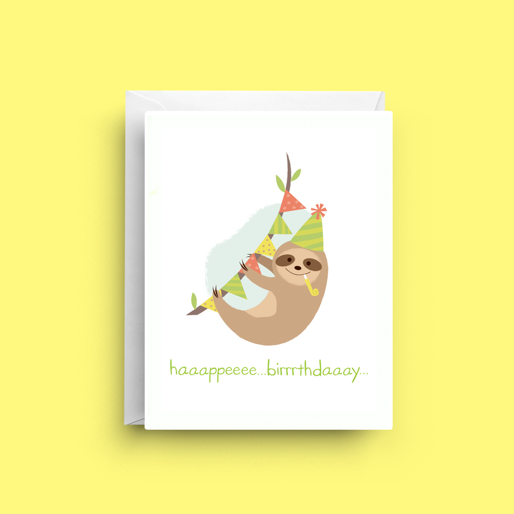 Birthday card with a sloth wearing party hats on a yellow background