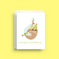 Birthday card with a sloth wearing party hats on a yellow background
