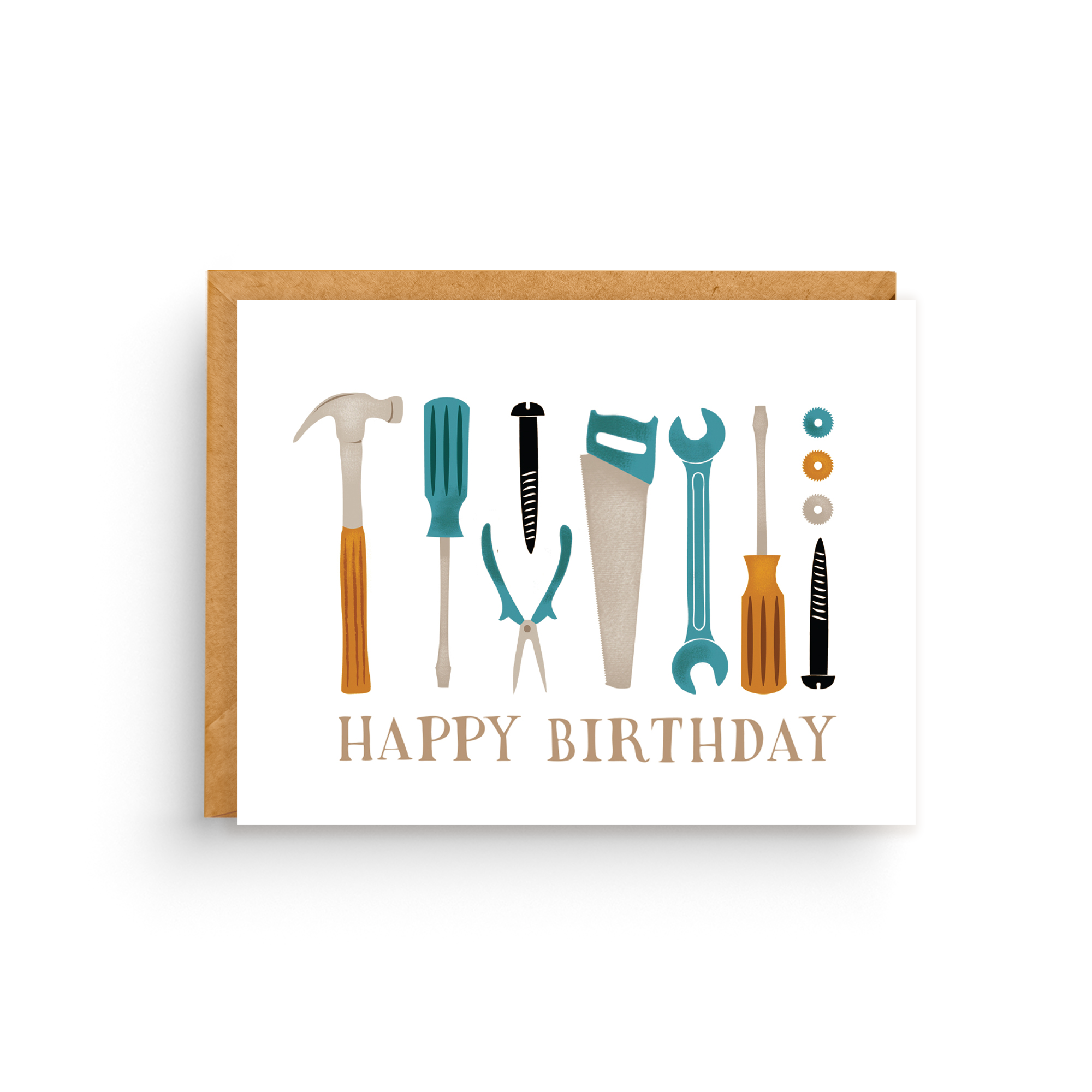 Greeting card with tool illustrations and 'Happy Birthday' text on a white background