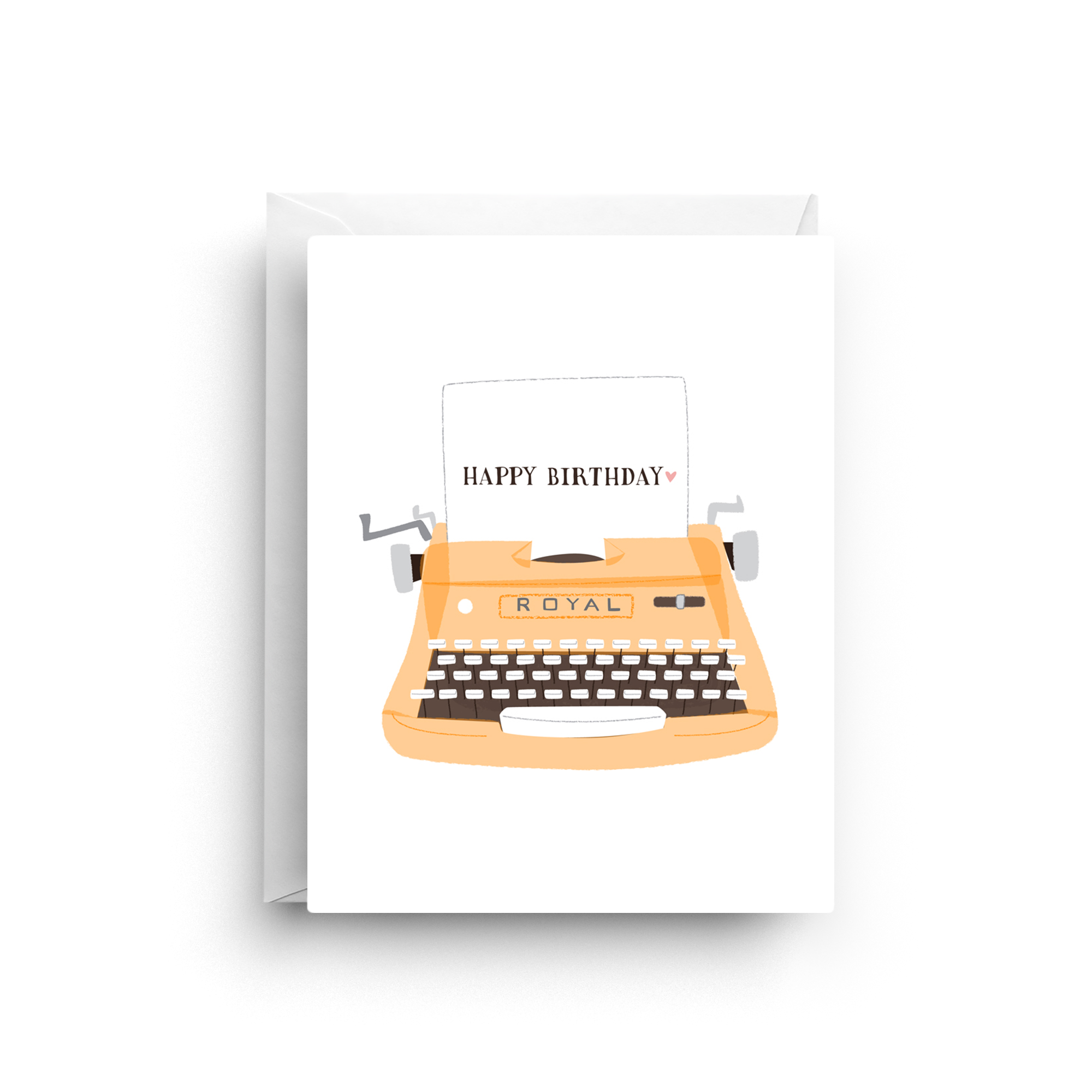 Greeting card with a typewriter illustration and 'Happy Birthday' text on a white background