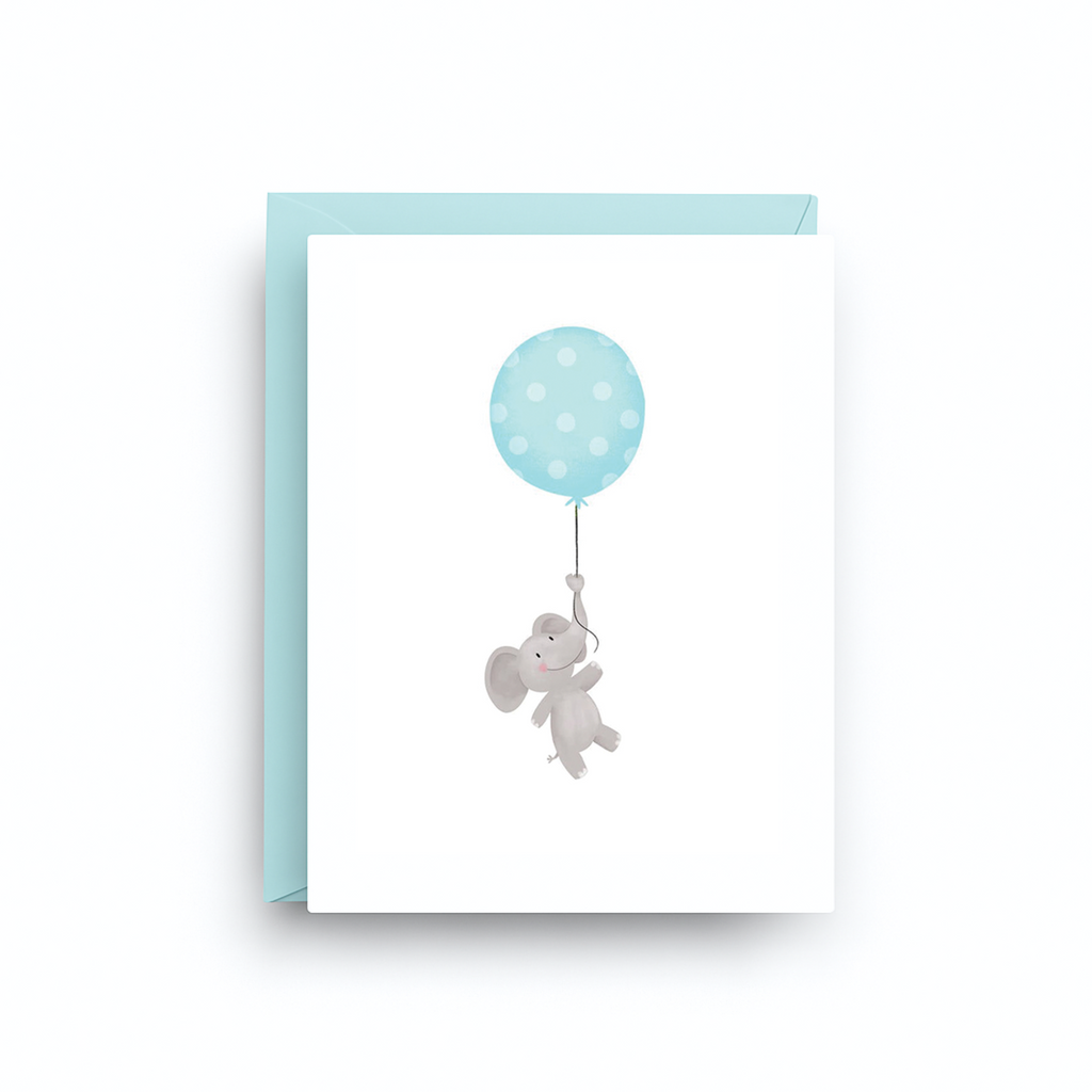 Greeting card with a blue balloon and white elephant design on a white background