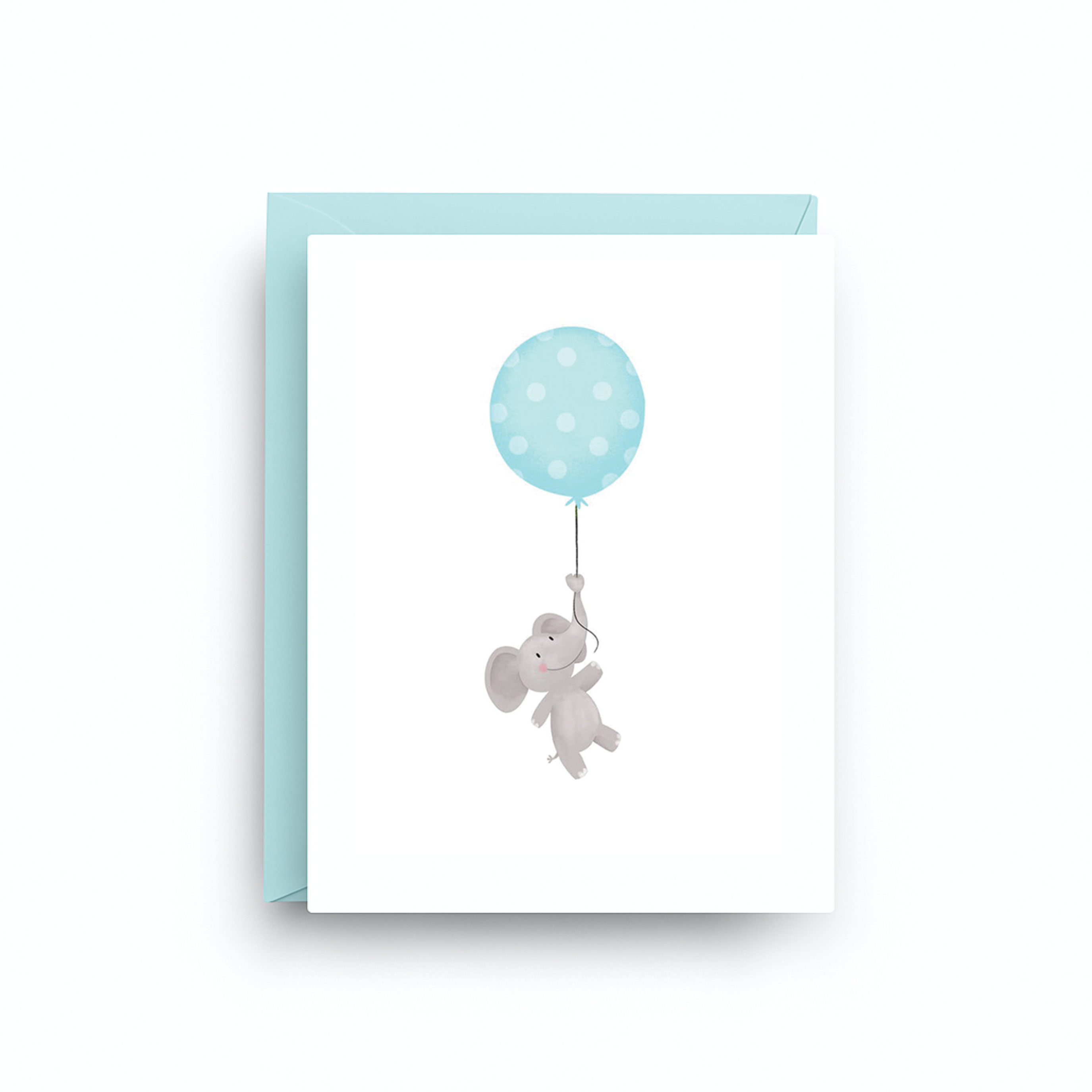 Greeting card with a blue balloon and white elephant design on a white background
