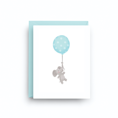 Greeting card with a blue balloon and white elephant design on a white background