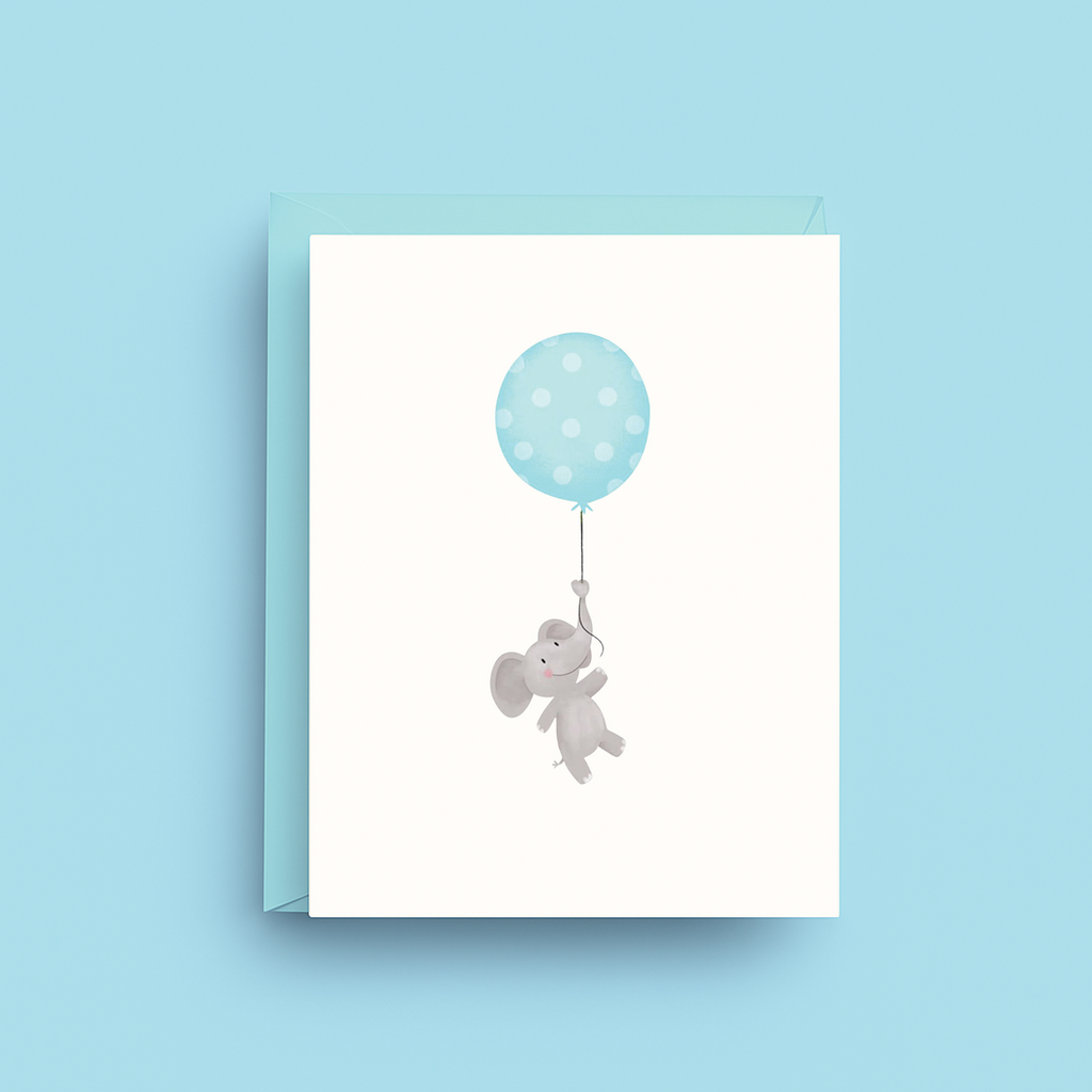 Greeting card with a cartoon mouse holding a blue balloon on a light blue background