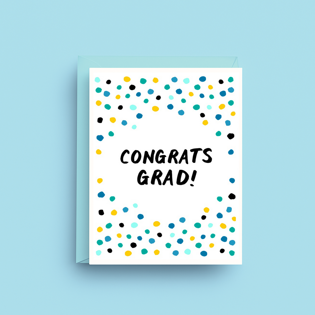 Graduation card with colorful dots and 'Congrats Grad!' text on a light blue background