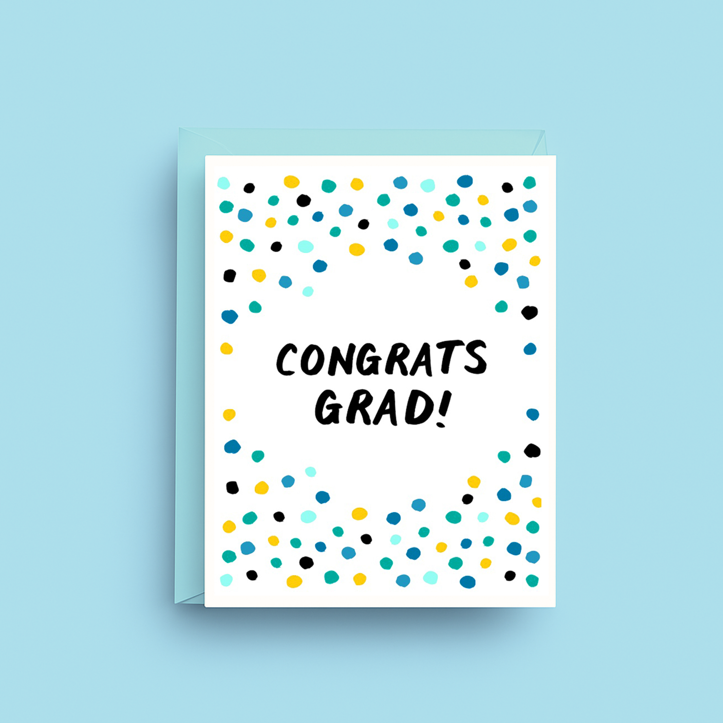 Graduation card with colorful dots and 'Congrats Grad!' text on a light blue background
