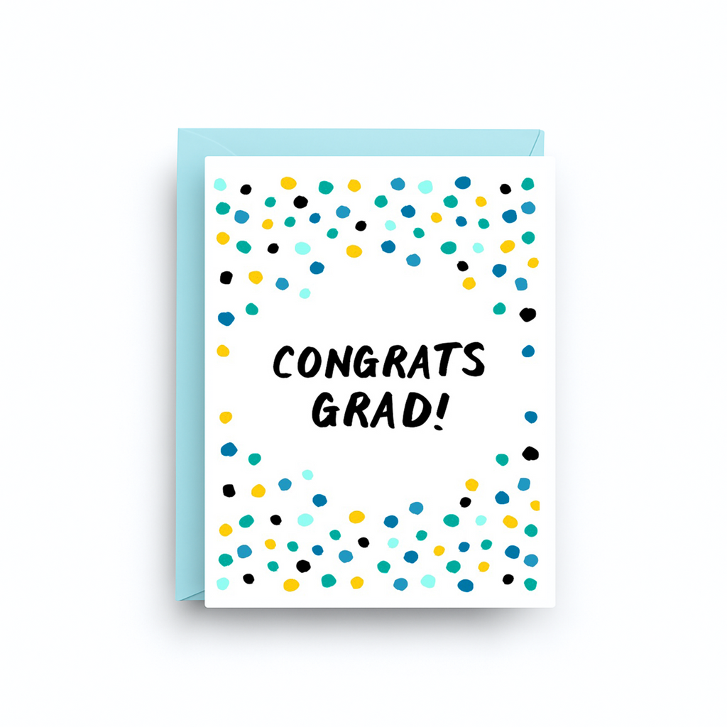 Graduation card with colorful dots and 'Congrats Grad!' text on a white background