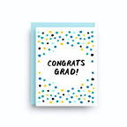 Graduation card with colorful dots and 'Congrats Grad!' text on a white background