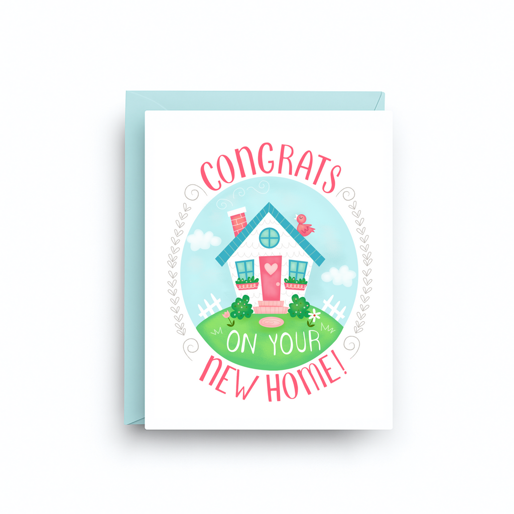 Greeting card with a house illustration and 'Congrats on your new home!' text on a white background.