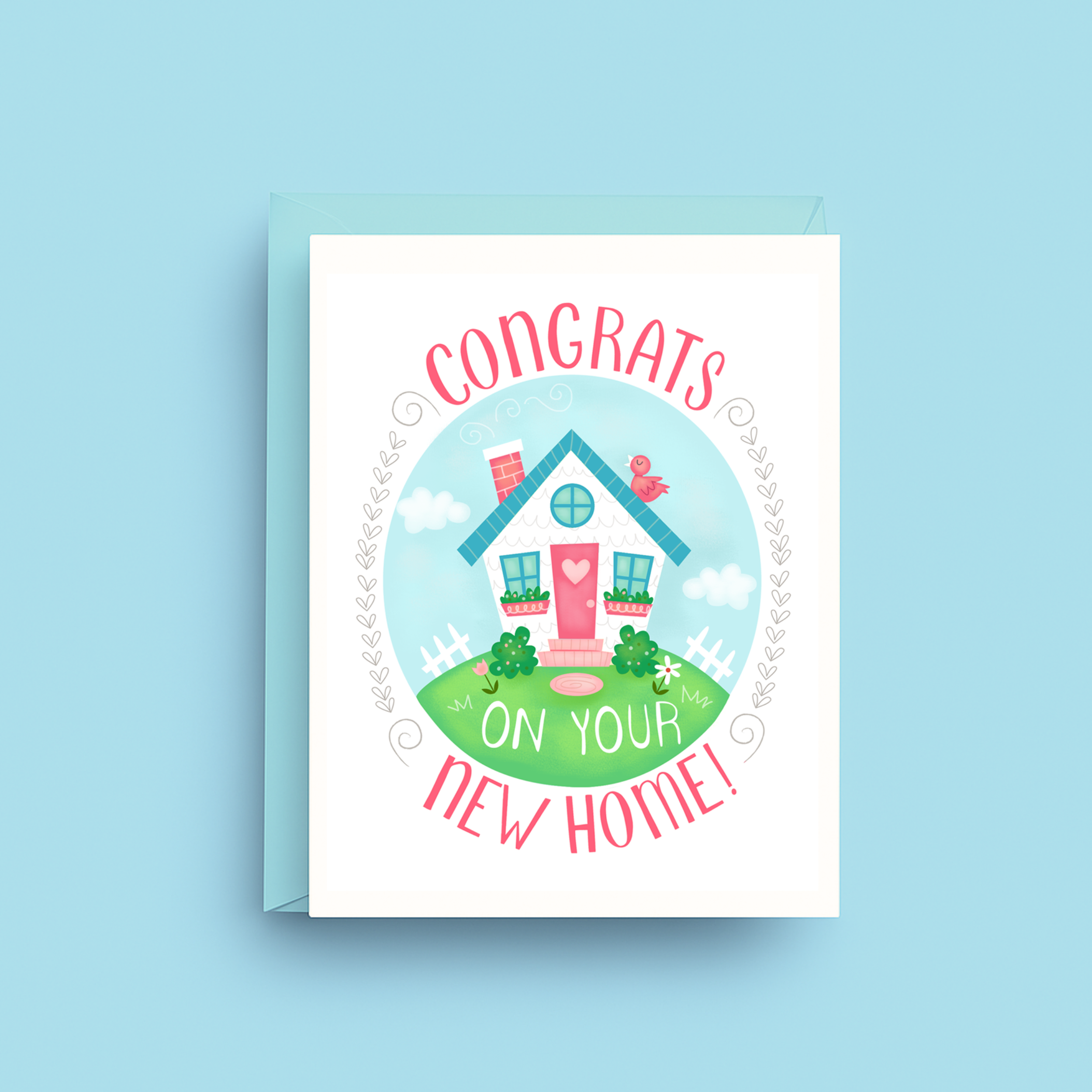 Greeting card with a house illustration and 'Congrats on your new home!' text on a light blue background