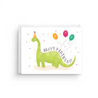 Birthday card with a green dinosaur wearing a party hat and balloons on a white background