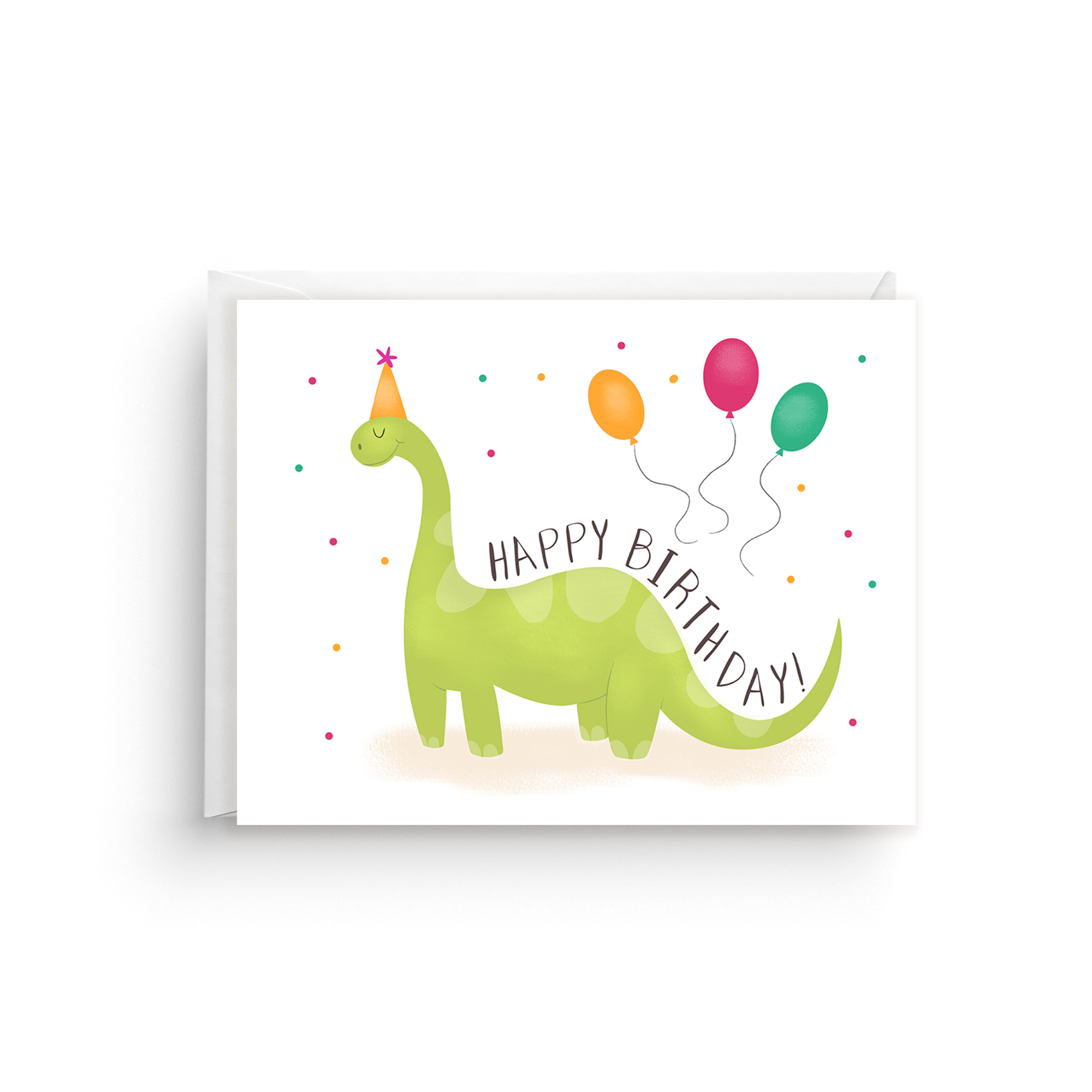 Birthday card with a green dinosaur wearing a party hat and balloons on a white background