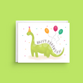 Birthday card with a dinosaur and balloons on a green background