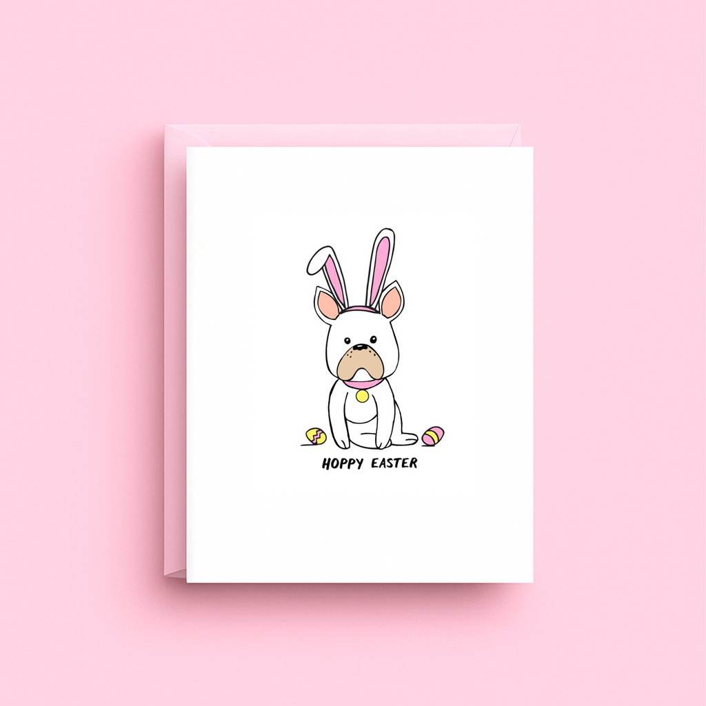 Greeting card with a dog wearing bunny ears on a pink background