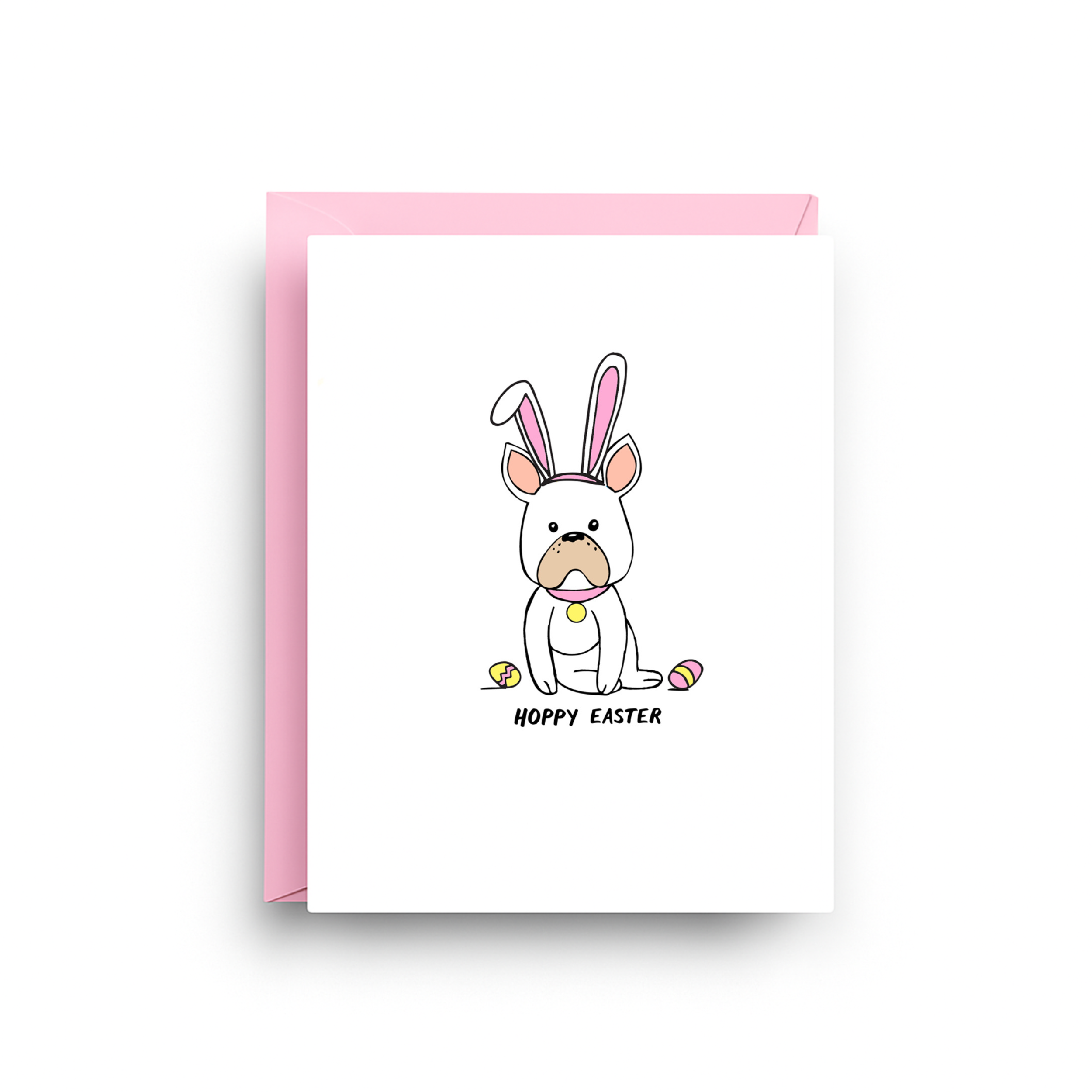 Greeting card with a dog wearing bunny ears and 'Happy Easter' text on a white background with pink envelope.