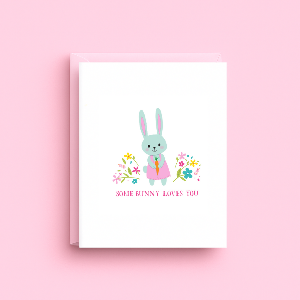 Greeting card with a bunny illustration and text on a pink background