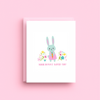 Greeting card with a bunny illustration and text on a pink background
