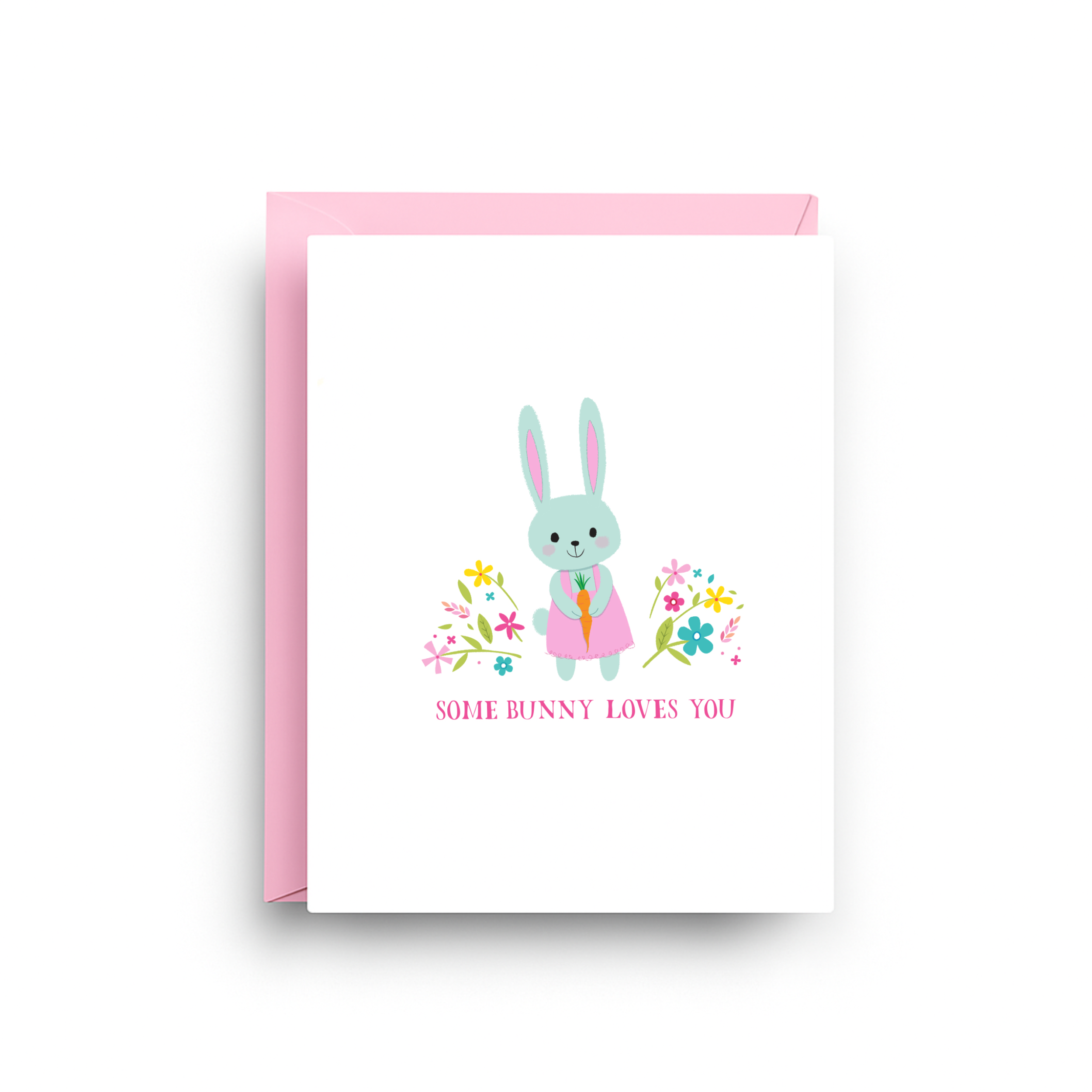 Greeting card with a bunny illustration and 'Some Bunny Loves You' text on a white background.