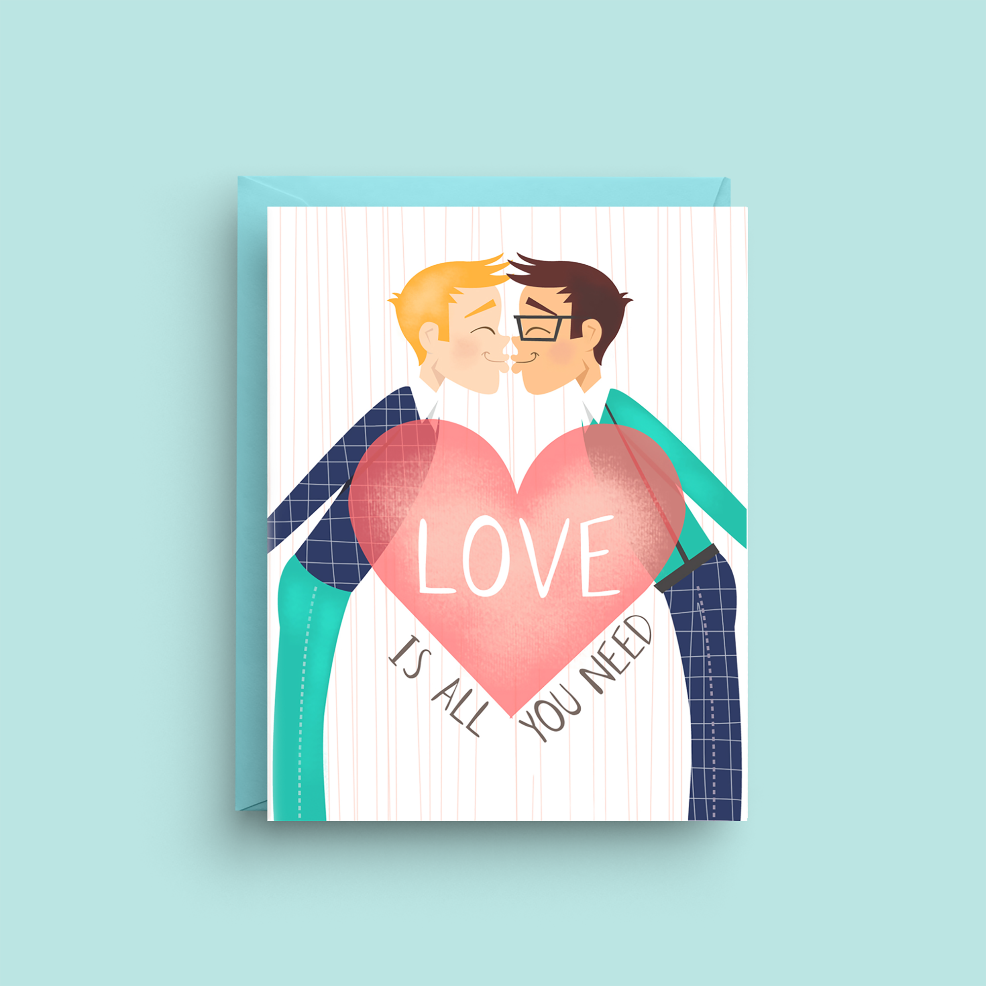Greeting card with illustration of two people holding a heart with 'LOVE IS ALL YOU NEED' text on a light blue background