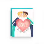 Greeting card with illustration of two people kissing behind a heart with 'LOVE IS ALL YOU NEED' text, on a white background.