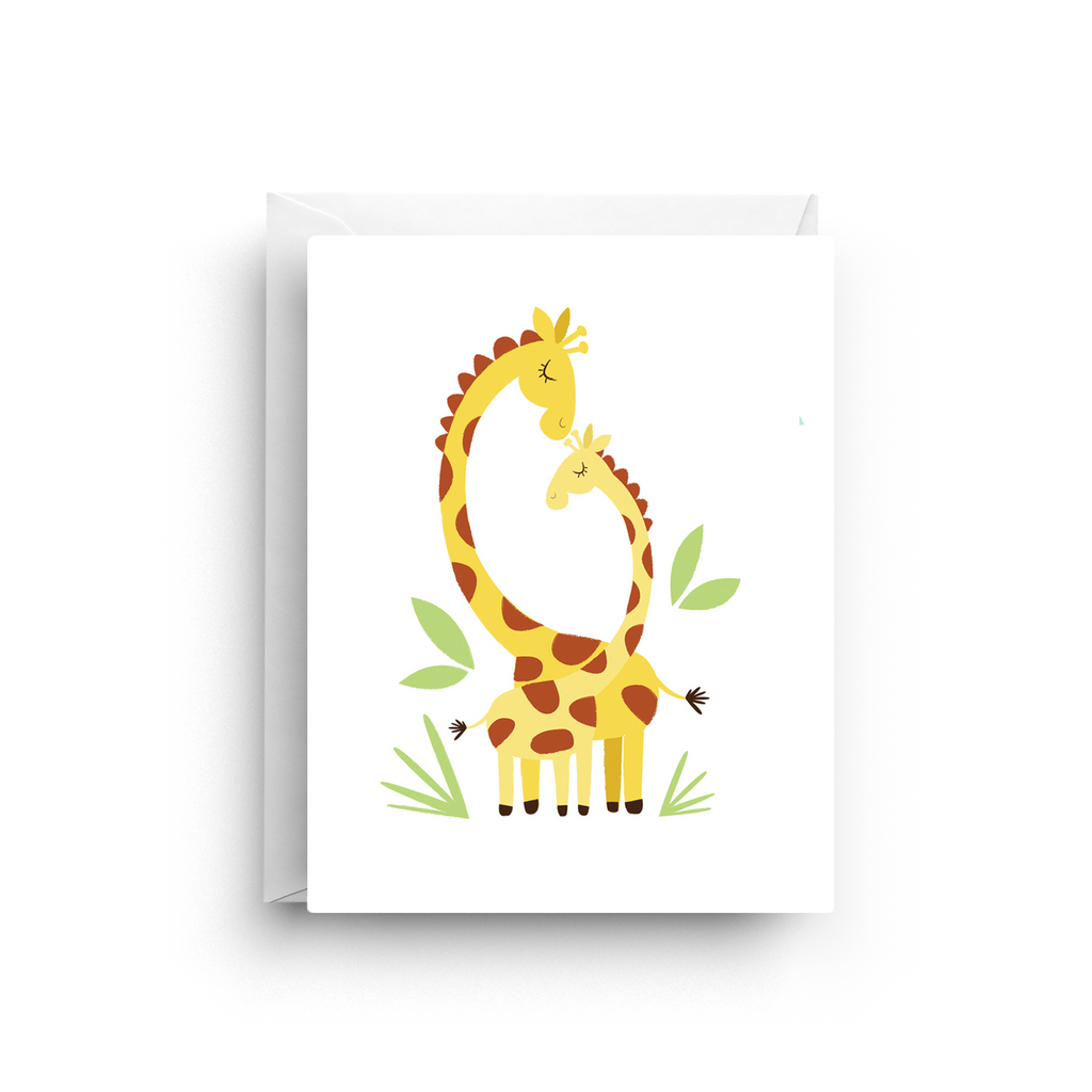 Greeting card with two cartoon giraffes on a white background