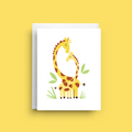 Greeting card with two cartoon giraffes on a yellow background