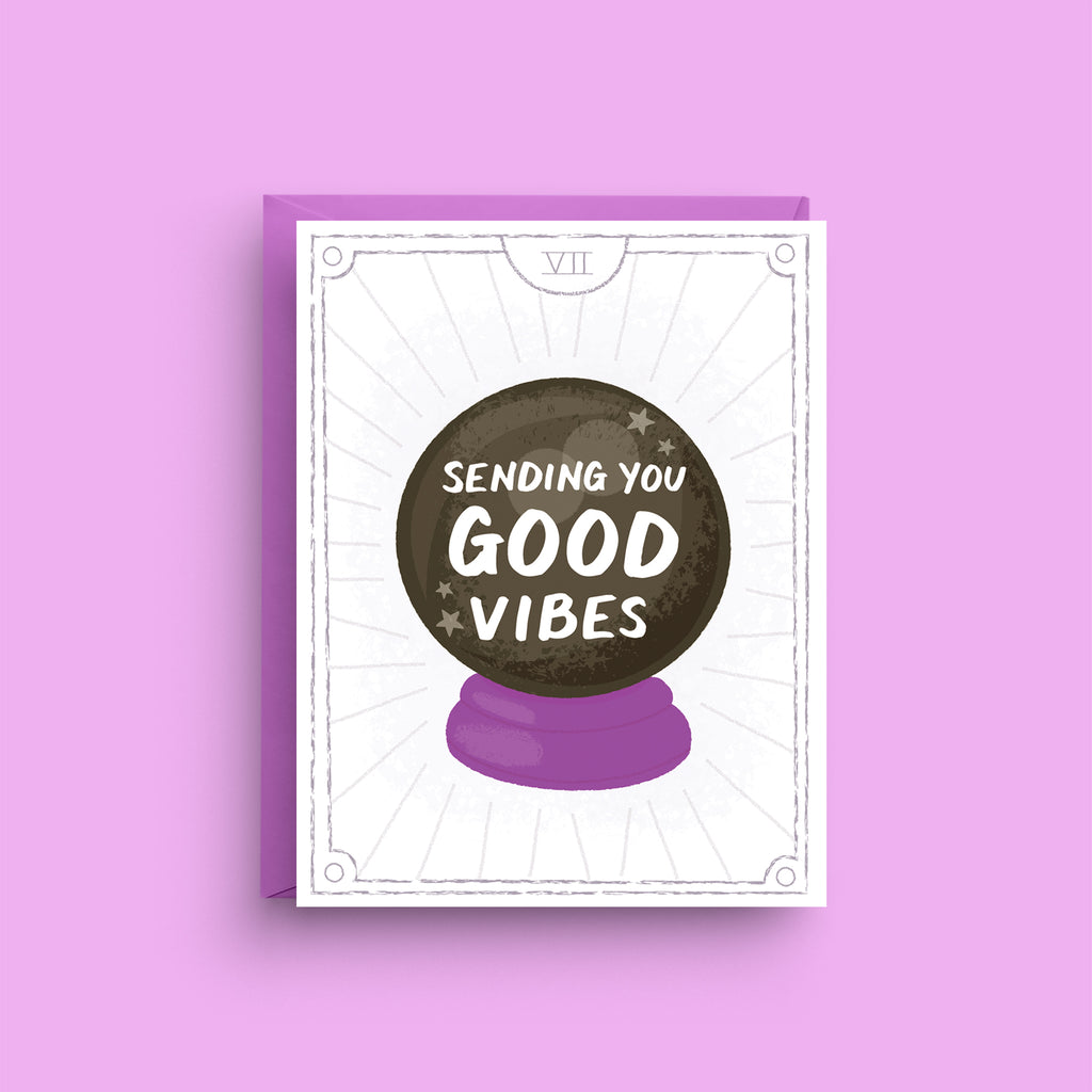 Greeting card with 'Sending you good vibes' text on a purple background