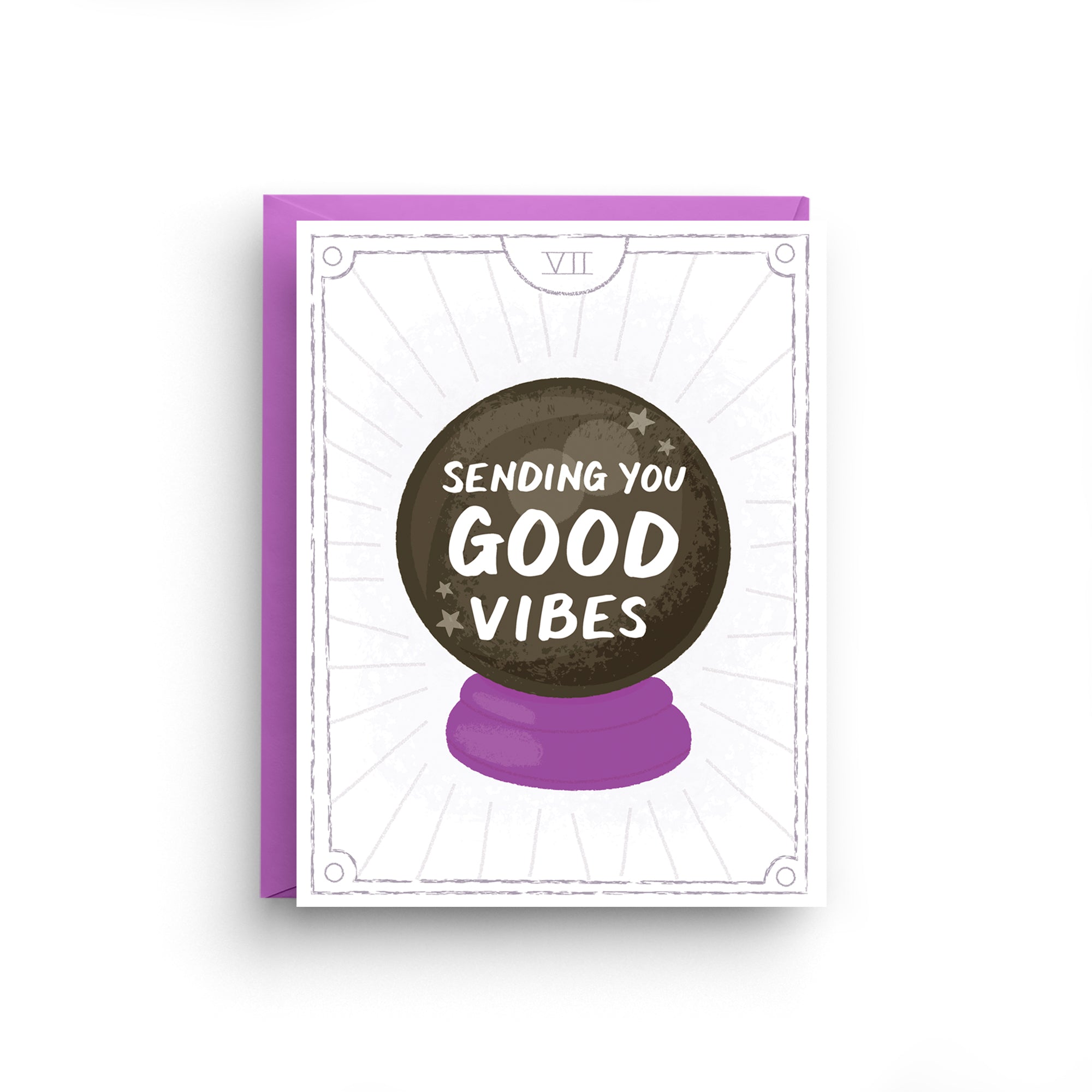 Card with a crystal ball graphic and 'Sending you good vibes' text on a white background
