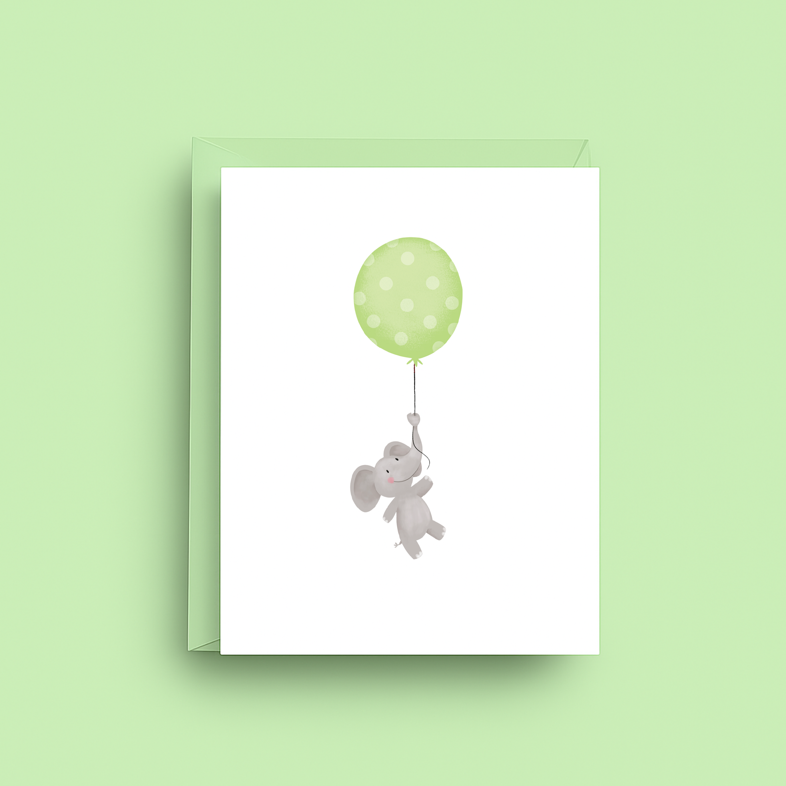 Card with a bear and green balloon on a light green background