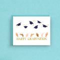 Graduation card with graduation hats and hands on a blue background