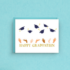 Graduation card with graduation hats and hands on a blue background