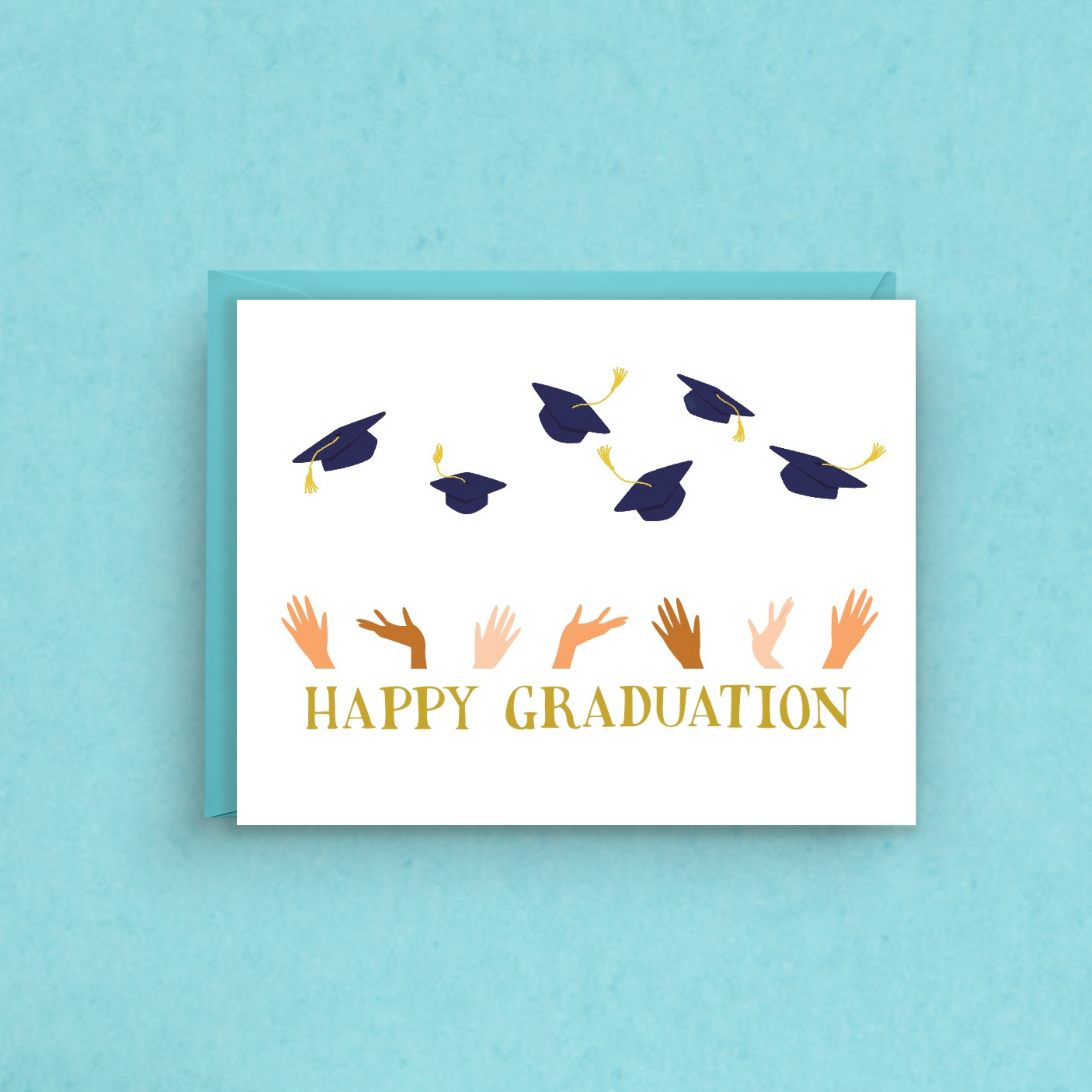 Graduation card with graduation hats and hands on a blue background