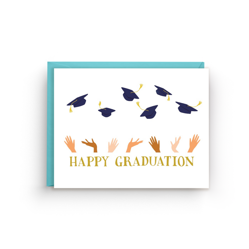 Graduation-themed card with caps and hands on a white background