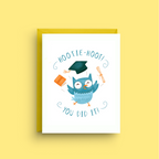 Graduation-themed greeting card with a blue owl and 'Hootie Hoot! You Did It!' text on a yellow background