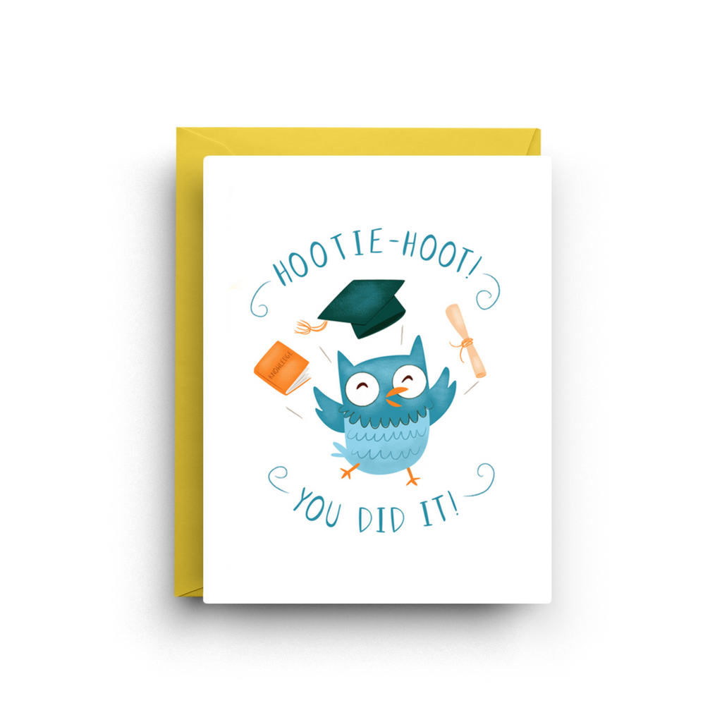 Greeting card with a blue owl holding a diploma and graduation cap, text 'Hootie Hoot! You Did It!' on a white background.