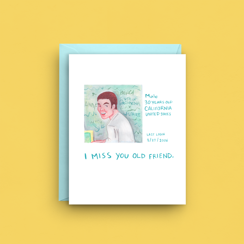 Greeting card with illustration of a person and text on a yellow background