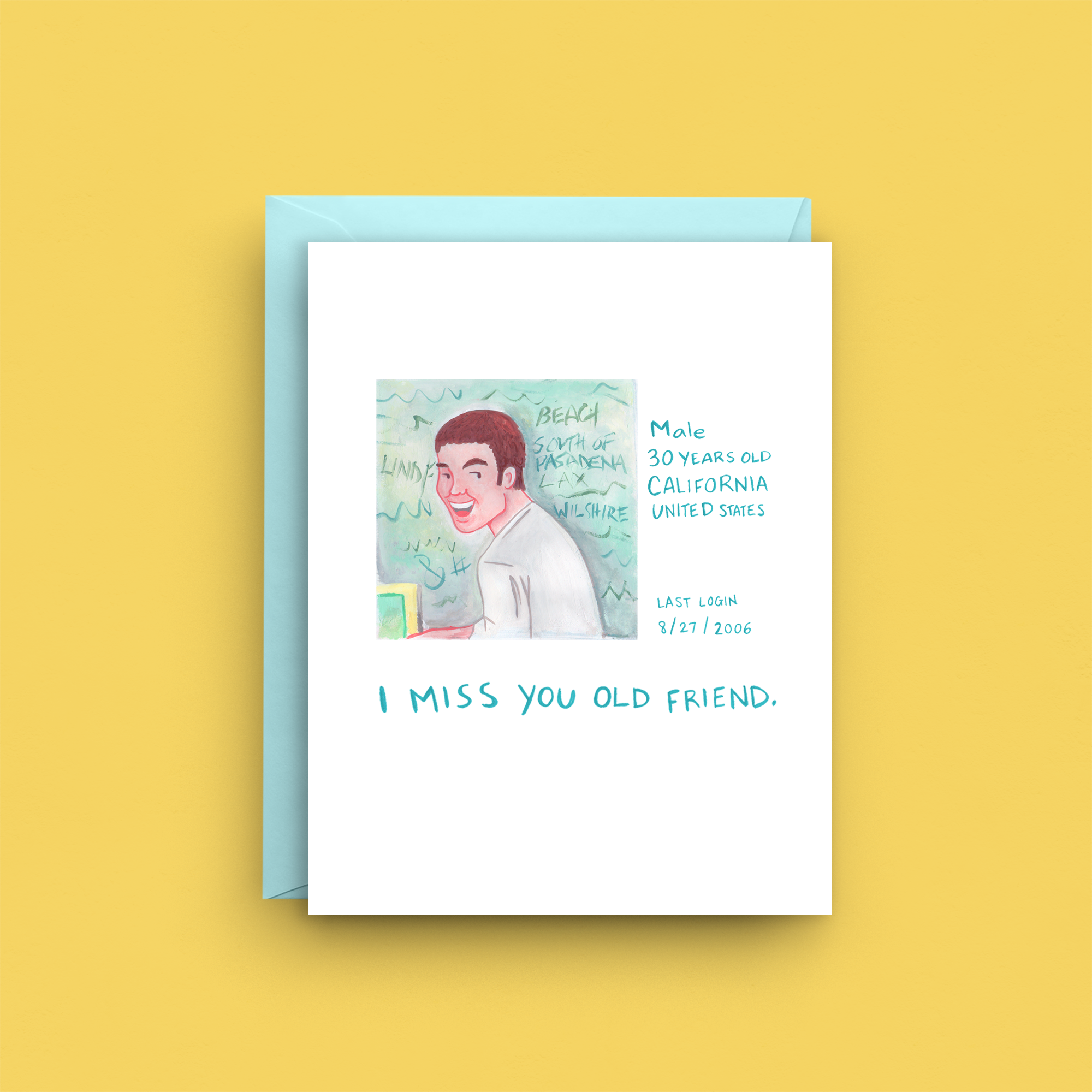 Greeting card with illustration of a person and text on a yellow background