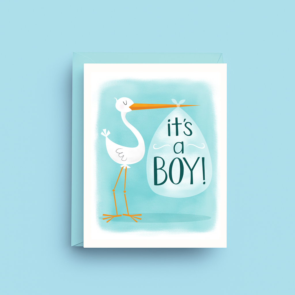 Greeting card with stork holding an egg labeled 'it's a boy!' on a light blue background